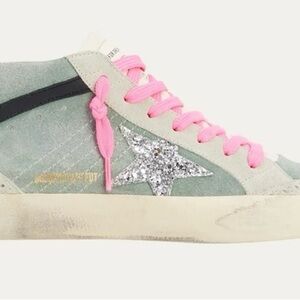 Golden Goose Green Mid Star Sneakers with Pink Laces